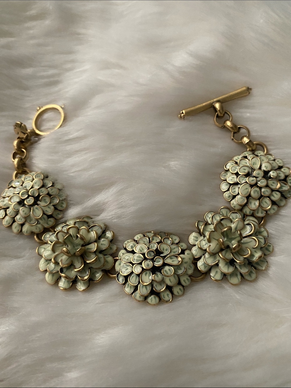 Vintage  Lucky Brand  Brass Enamel Flowers  Bracelet  in Mint Green and Gold